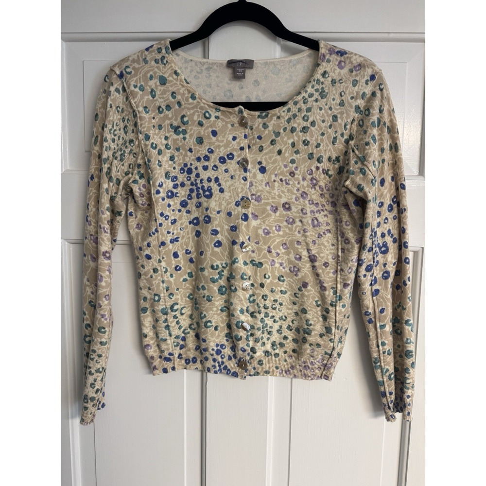 J. Jill Lightweight‎ Cardigan Sweater Abstract Colorful Dots Tan Backgroun Sz XS
